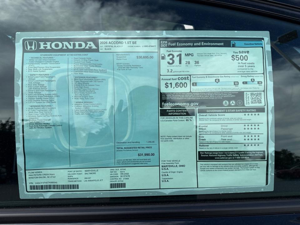 2026 Honda Accord Sedan SE