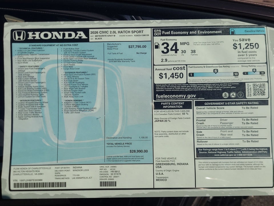 2026 Honda Civic Hatchback Sport